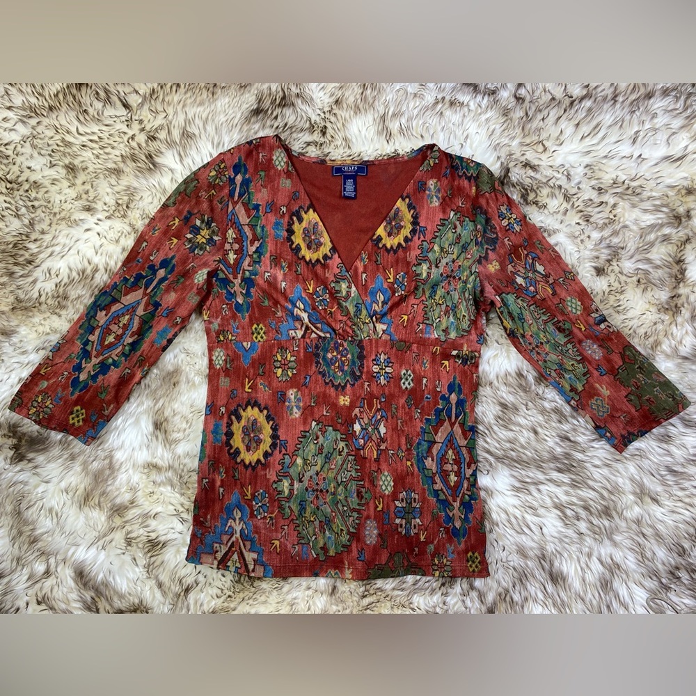 Chaps Denim Women’s Blouse Southwestern Aztec semi-sheer 3/4 sleeves V-neck